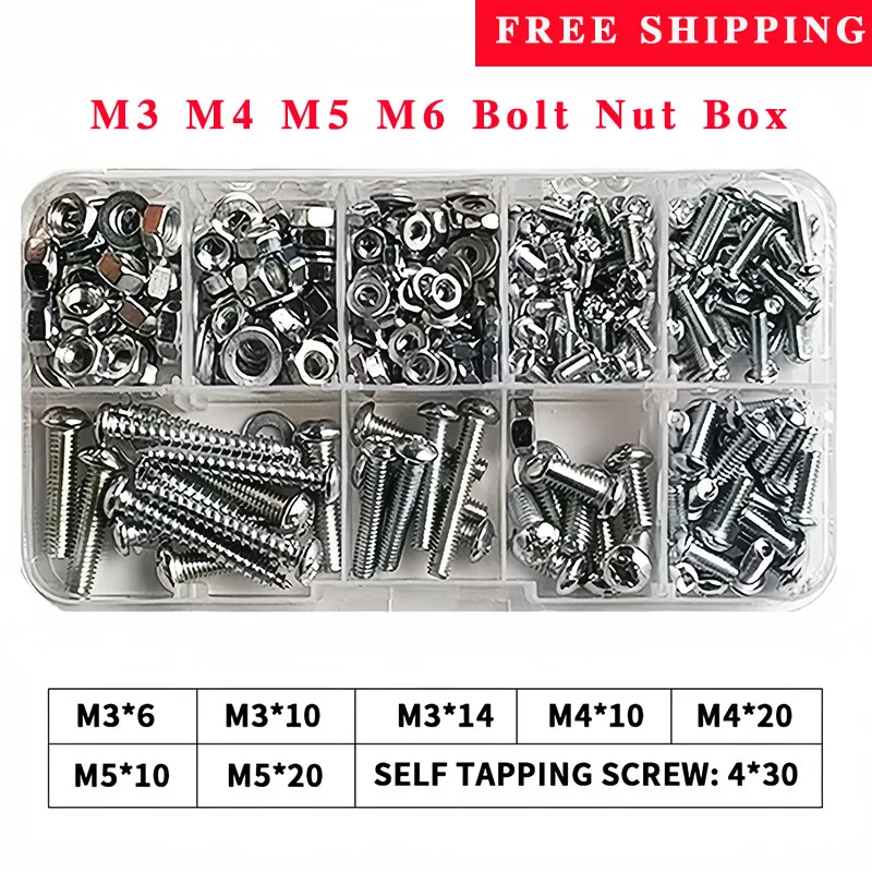M3 M4 M5 M6 Bolt Nut Box Metric Threaded Round Head Phillips Screws Nuts Gaskets Kits Iron galvanized Screw Bolt Nut Washer Set