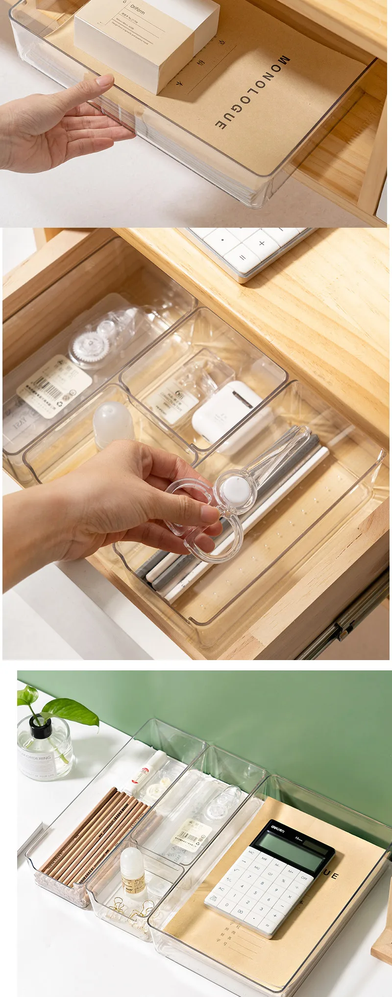 Description Picture 4 of itemClear Drawer Organizer For Household Japanese Plastic Cosmetics Organizer For Student Stationery Grocery Kitchen Cutlery Boxes