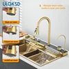 Brushed Gold 304 Stainless Steel Waterfall Style Modern Kitchen Large Single Slot Button Integrated Digital Display Faucet Set 2