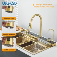 Brushed Gold 304 Stainless Steel Waterfall Style Modern Kitchen Large Single Slot Button Integrated Digital Display Faucet Set 2