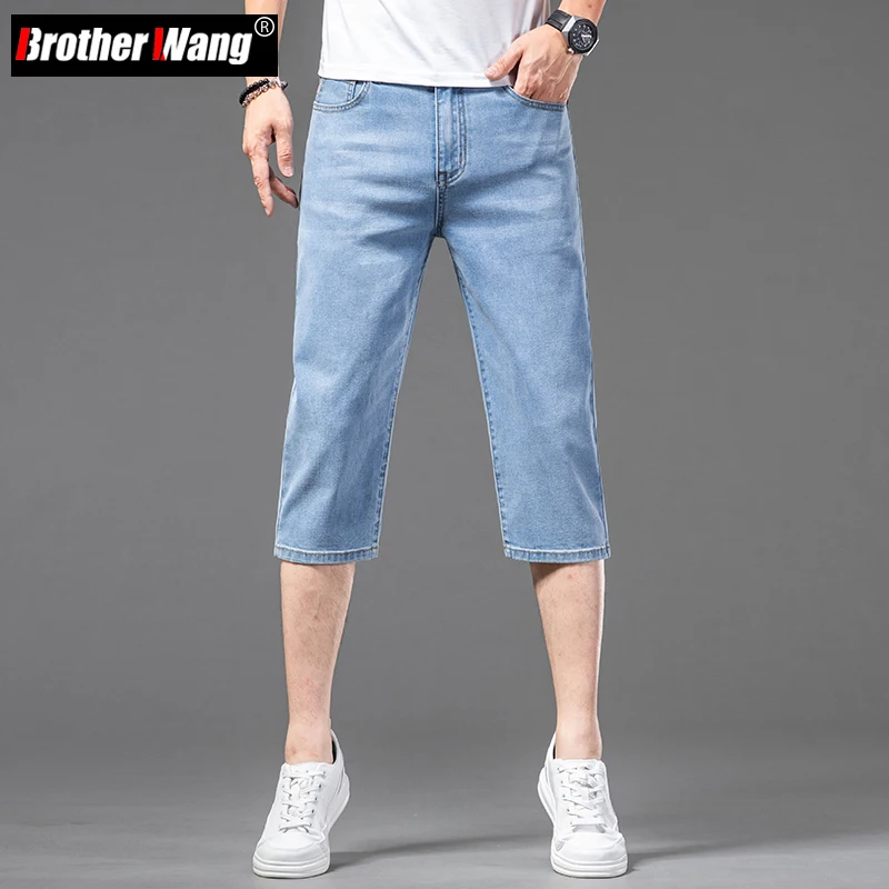 

2023 Summer Men's Stretch Denim Shorts Fashion Casual Light Blue Straight Short Jeans Male Brand Cotton Calf-length Pants