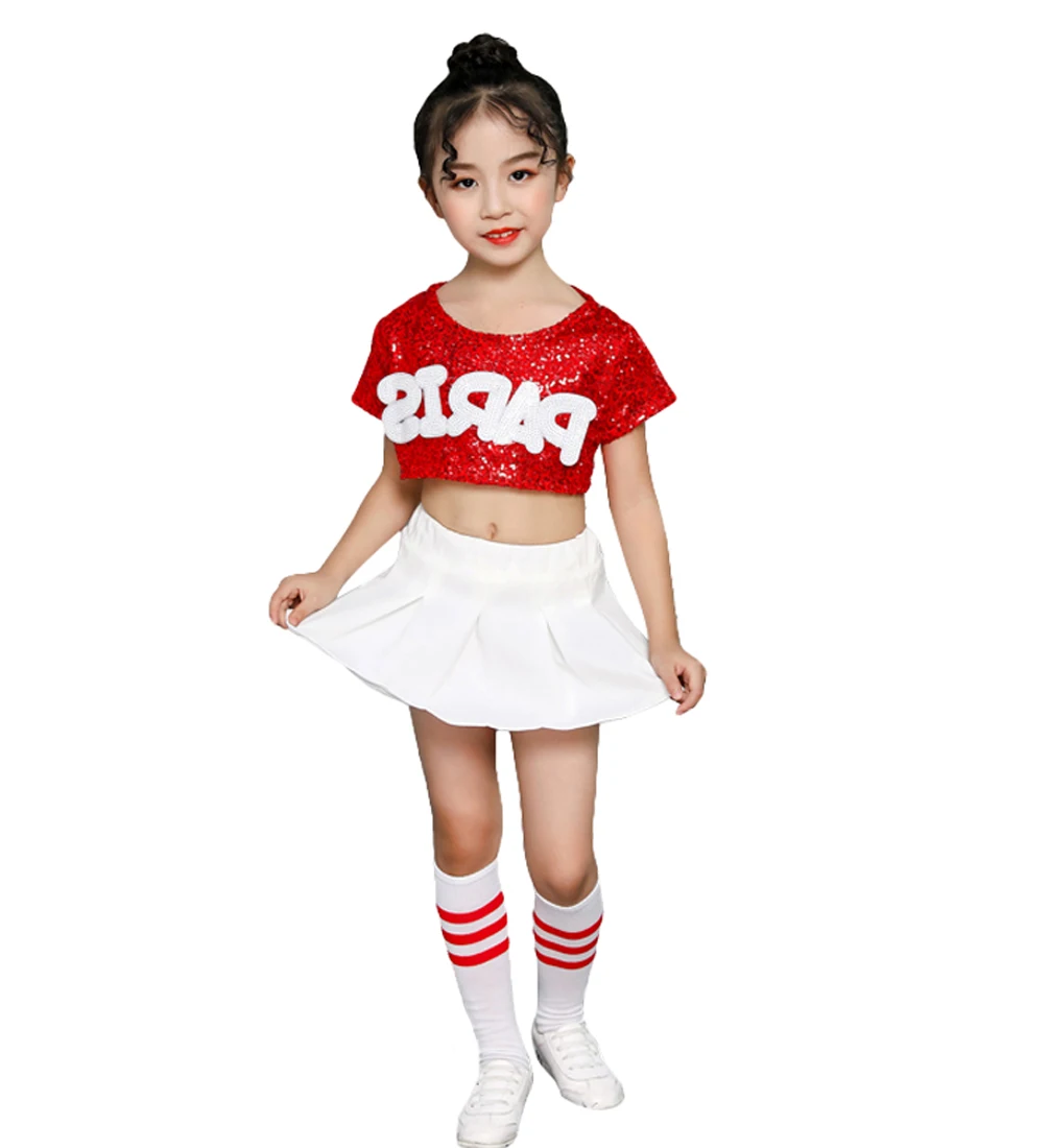 

2Pcs Kids Girls Sequins Top + Skirt Modern Street Dance Costumes Children Hip Hop School Activities Performance Suits 4-12 Years