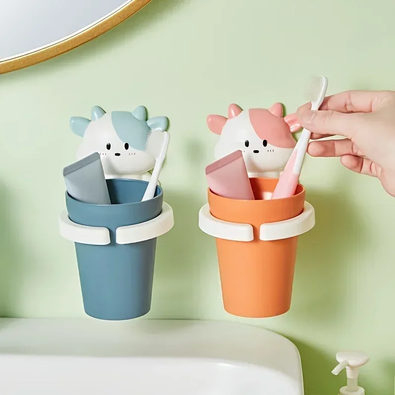 Cute Little Cow Toothbrush Cup Holder Wall Mounted