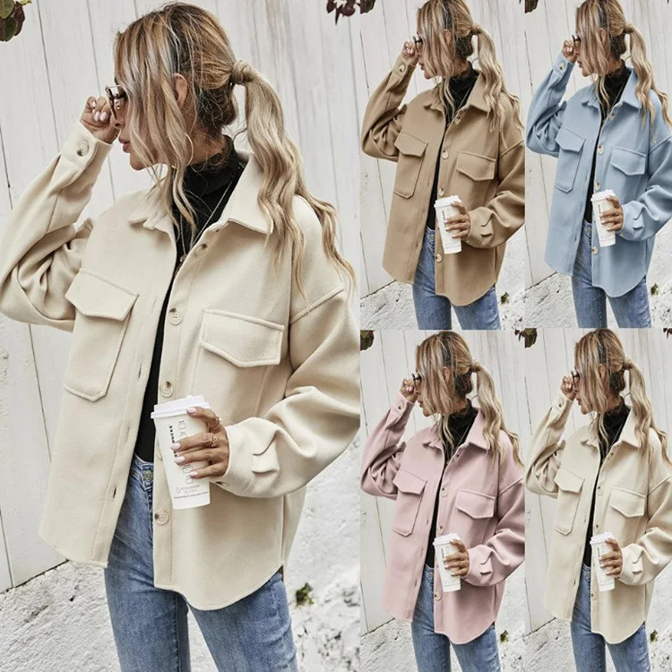 

2023 Spring New Polo Collar Single breasted Thickened Solid Shirt Wool Loose Coat for Women