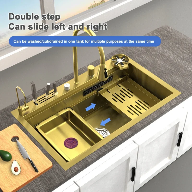 Waterfall Kitchen Sink Golden Large Single Slot 304 Stainless Steel Sink Household Washbasin Under The Counter Basin for Kitchen