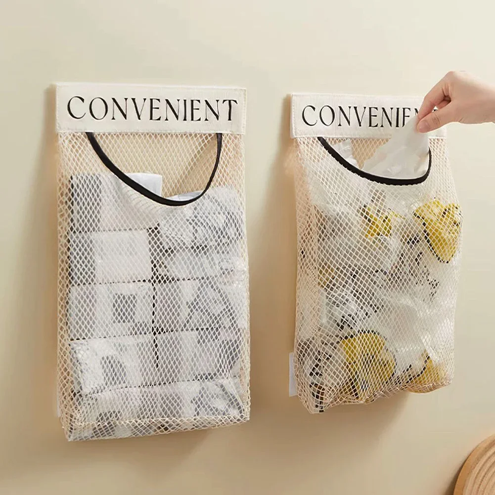 Wall Mount Mesh Garbage Bag Holder Plastic Shopping Bags Storage Bag Dispenser Sundries Bag Net Storage Grocery Bag Organizer 5