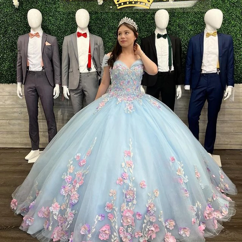 

Sky Blue Quinceanera Dresses Pink 3D Flowers Floral Appliques Lace Ball Gown Off The Shoulder Corset Vestidos De XV Anos