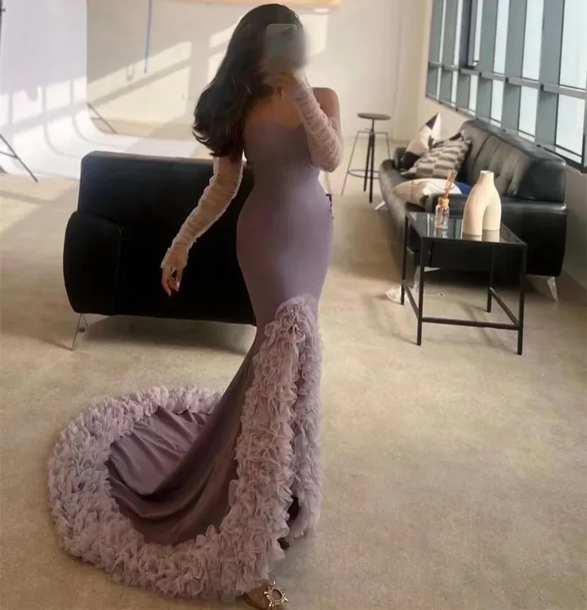 

Dubai Arab Mermaid Formal Evening Dresses Cascading Ruffles Tulle Front Slit Prom Dresses Formal Party Gowns