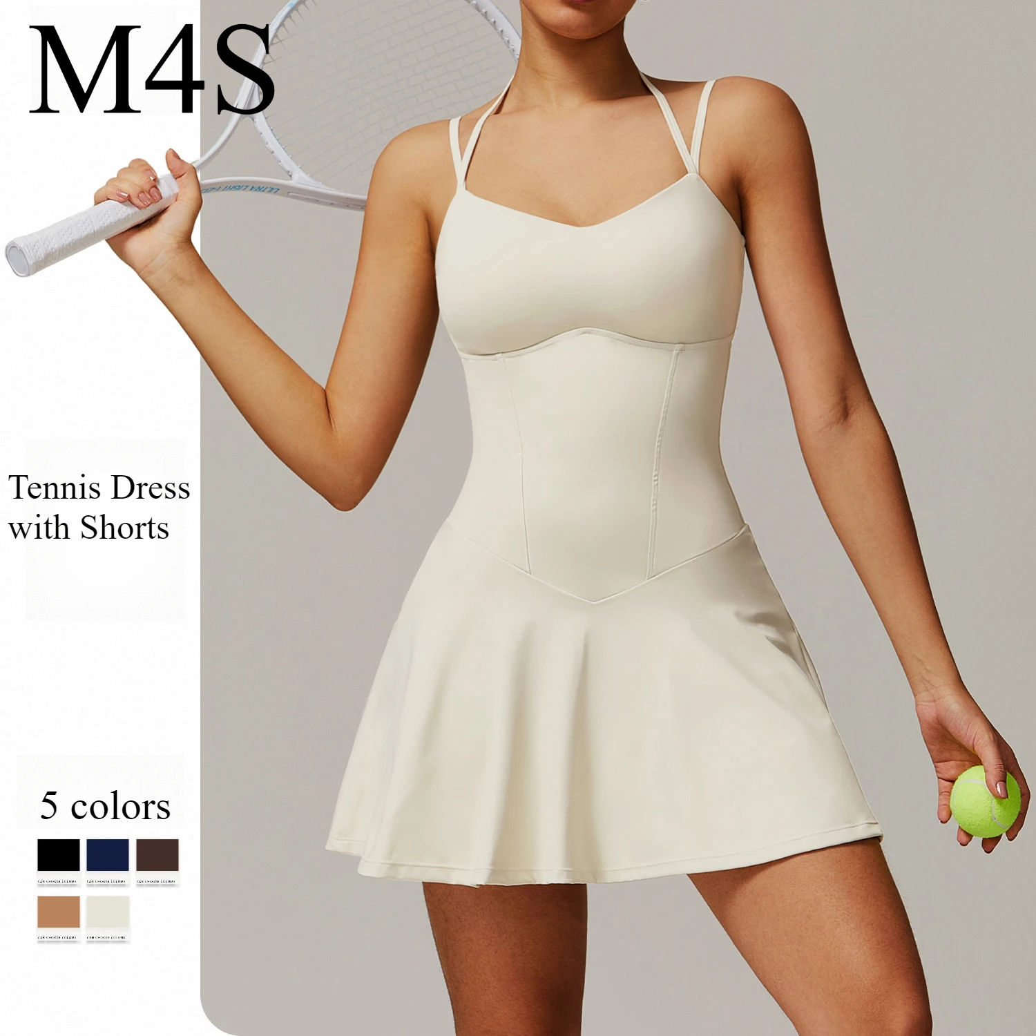 Tennis Dress with Shorts Underneath Pockets Strap Dress Sporting Tennis Outfit Women Gold Wear Sport Dresses Badminton Clothing