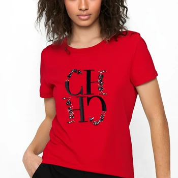 CHCH-Camiseta para mujer, Top informal bordado a mano de industria pesada, ropa sencilla de manga corta con cuello redondo, 2025 1