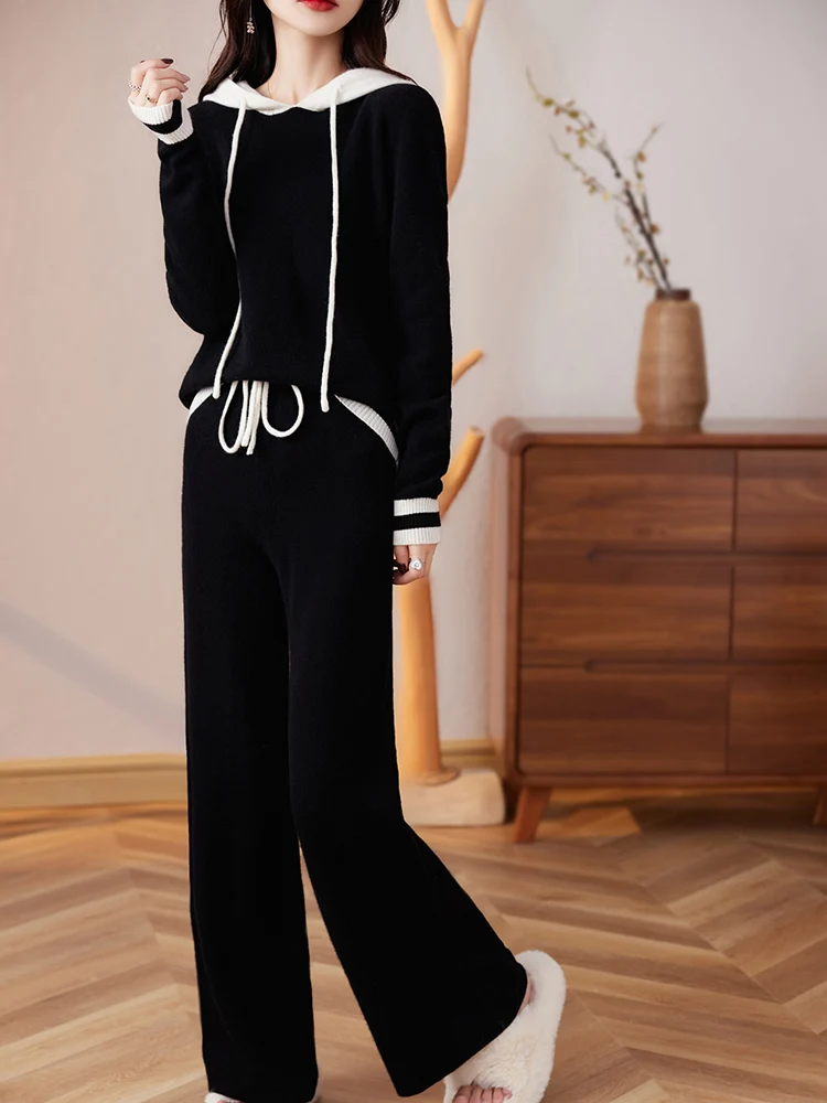 Winter Cashmere Suit Women Loose Lapel Sweater Temperament Casual Wideleg Pants Knitted 100% Pure Wool Twopce 241121 From 86,97 € | DHgate