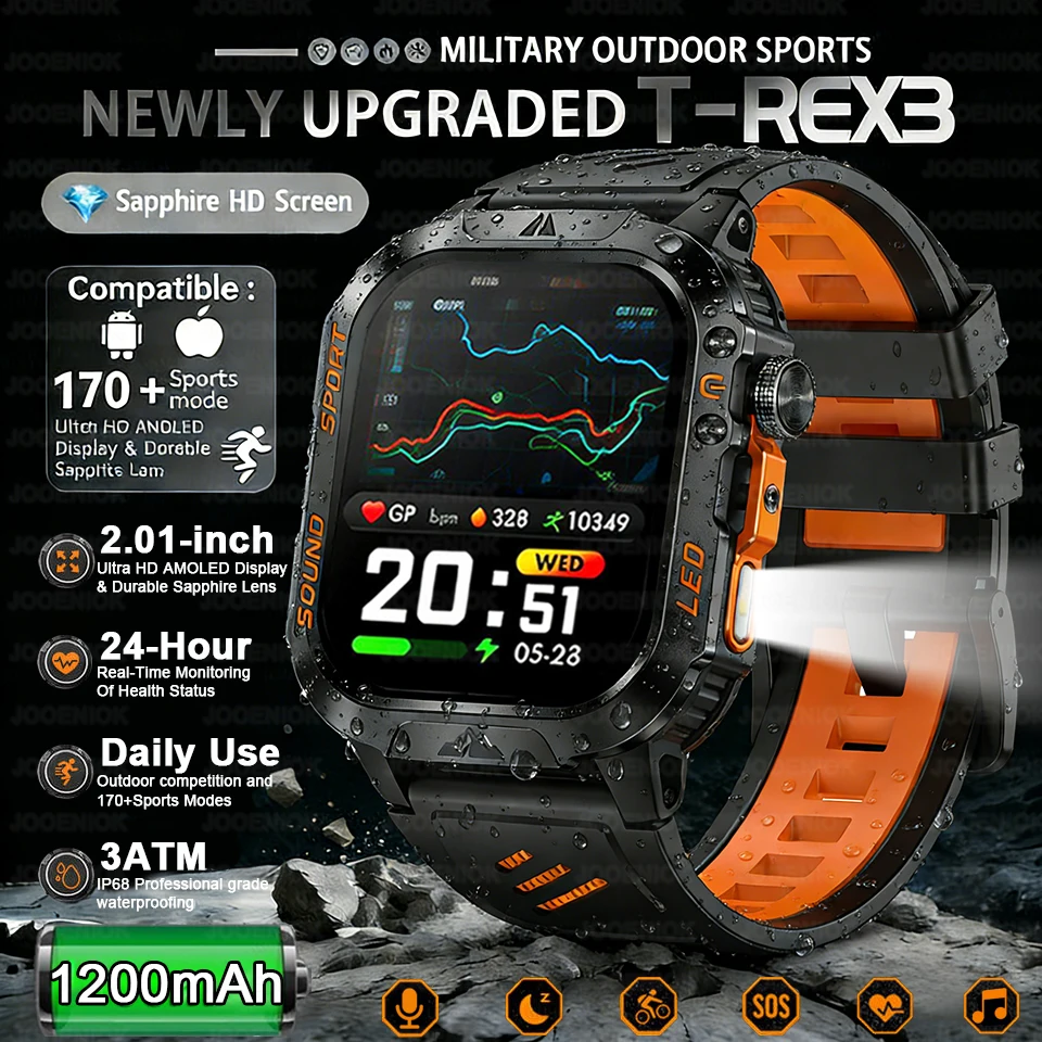 2026 New Outdoor Military Smart Watch 1200mAh Battery GPS HD Call Health Monitoring 2.01-inch Waterproof Sports Smartwatch Men 1