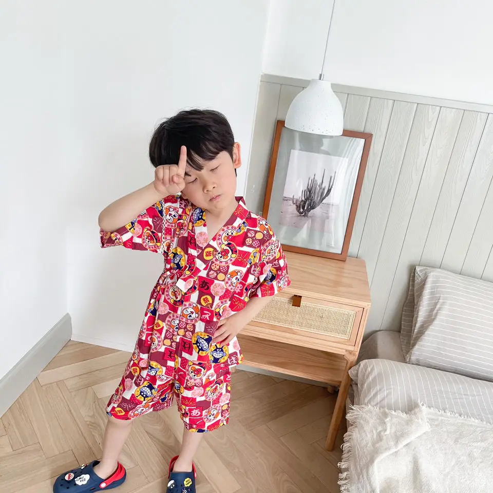 Description Picture 3 of item2022 New Children's Cartoon Printed Sleepwear 2-Piece Cotton Japanese Kimono Yukata Set Children's Short Sleeve Homewear LC959