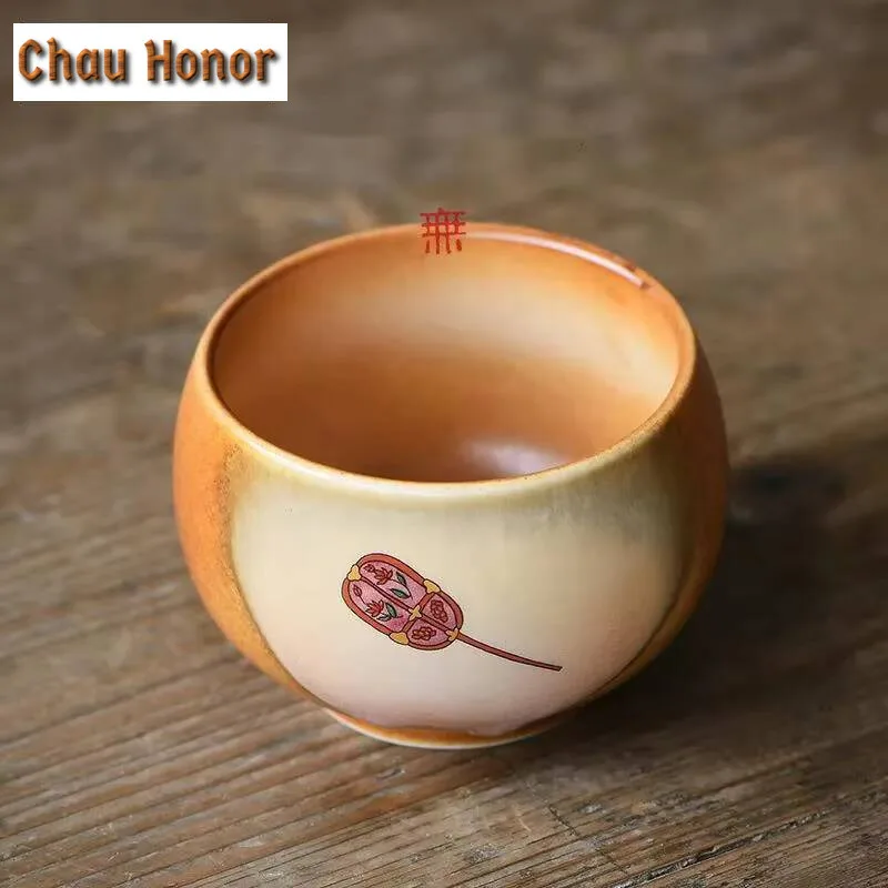 200ml Antique  Soda Galze Coarse Teacup Dunhuang Wall Painting Circular Fan Ceramic Tea Bowl Puer Master Cup Coffee Mug Gift