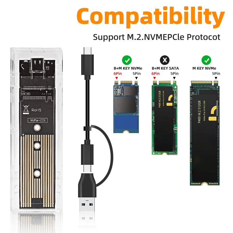 M.2 NVME PCIe NGFF SATA Dual Protocol SSD Case Clear USB Type C 10Gbps PCI-E M2 SSD Transparent External Enclosure Hard Disk Box
