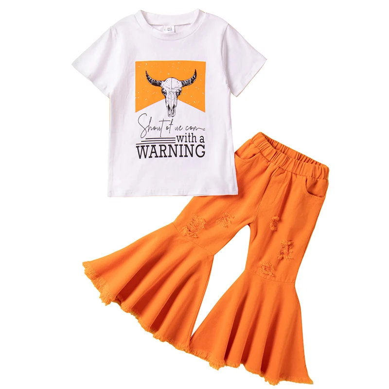 

2Piece Baby Summer Girls Outfit Sets Toddler Clothes Fashion Letter Short Sleeve T-shirt+Hole Flared Pants Kids Clothing BC2336