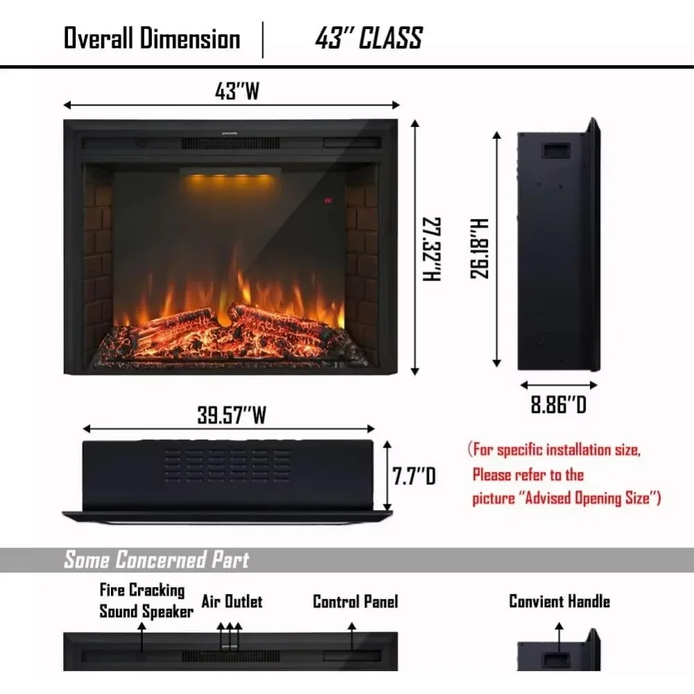 43'' Electric Fireplace Insert, Retro Recessed Fireplace Heater with Fire Crackling Sound, Remote Control, Electric Fireplace 5