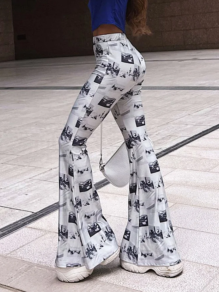 Y2k Casual Prints Silm Flare Pants For Women Clothes Streetwear Sexy Trousers Elastic Waist Fashion Hip Wrap Pantalones Mujer