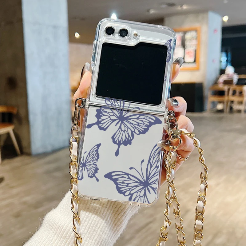 Custodia con cordino in metallo con stampa a farfalla per Samsung Galaxy Z Flip 6 5 4 3 5G Custodia trasparente pieghevole in silicone TPU per Samsung Z Flip5_voghion.com