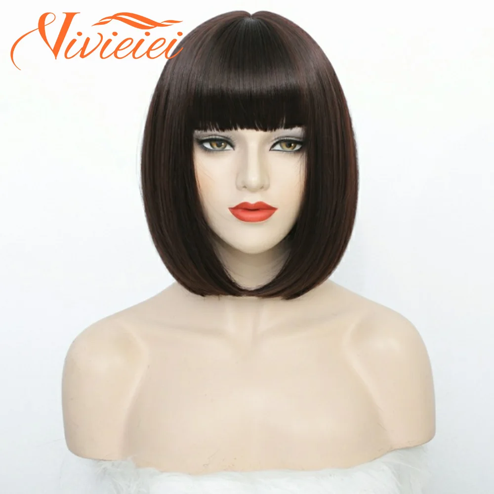 

VIVIEIEI Short Bob Hair Wigs 12" Straight with Flat Bangs Synthetic Hair Wig Colorful Cosplay Daily Party Wig for Women