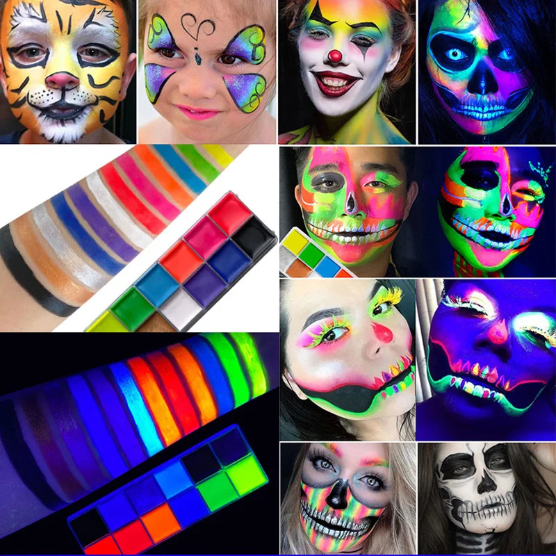 12 couleurs UV peinture fluorescente néon huile visage corps maquillage  Palette Halloween maquillage Party Fantaisie Robe enfants cosplay  maquillage enfant peinture visage