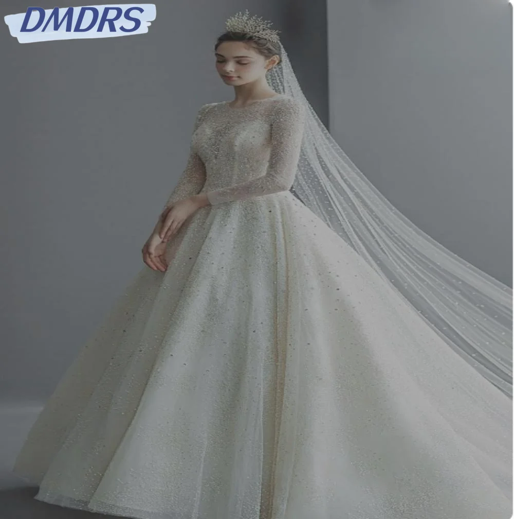 

Classic O-neck Wedding Gown Elegant Simple Floor-length Long Sleeve Wedding Dress White Beads Bridal Gown Vestidos De Novia