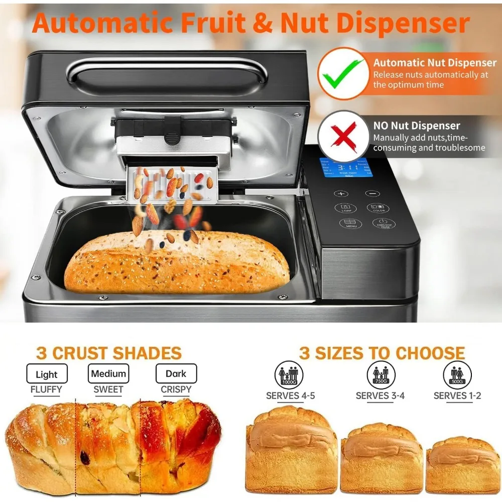 710W dual heater, 17 in 1 bread maker stainless steel, bread maker with automatic nut dispenser and ceramic plate 3