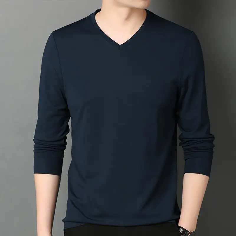 Stylish Trendy Comfortable V-neck Men's T-shirts Fashionable Long Sleeve Tops Cool Ice Silk Slim-fit Breathable Base Layer Shirt