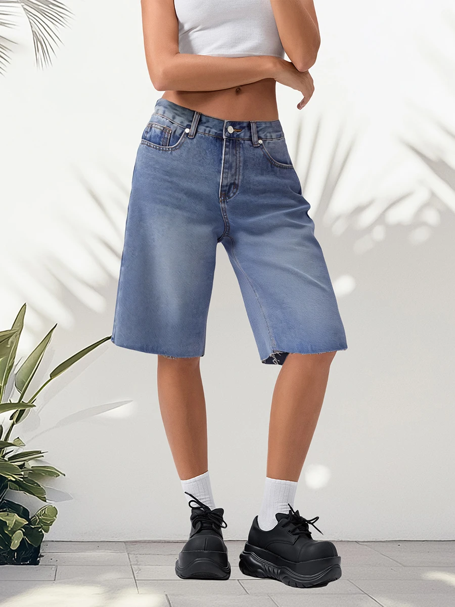Women s Distressed Denim Bermuda Shorts with Frayed Hem and High Waist Casual Capri Jean Pants for Summer Beachwear and Travel