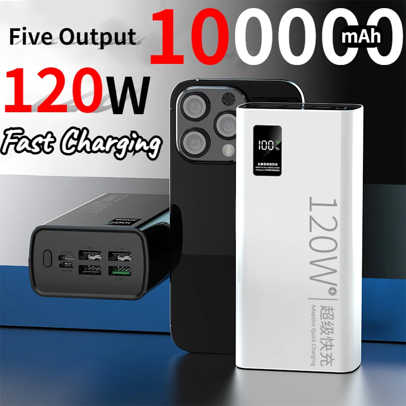 

Five Output 100000mAh Power Bank 120W Fast Charging Powerbank Portable External Battery Charger For iPhone Samsung Huawei Xiaomi