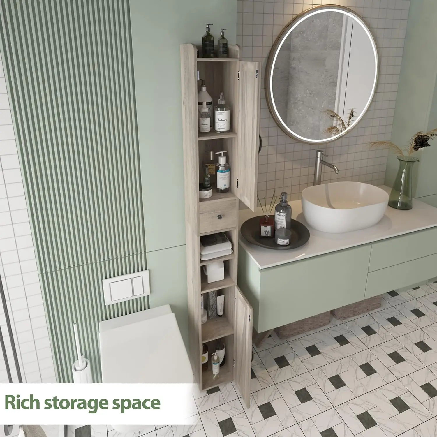 Bathroom Cabinet. Tall Narrow. Adjustable Shelf. Retractable Paper Rod. 8 Compartments. Brown Gray.