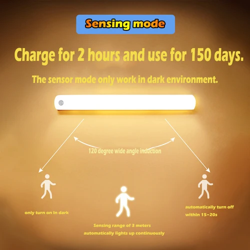 PIR 모션 센서 LED 캐비닛 램프 아래, 밝기 조절 가능, 충전식 야간 조명, 계단 옷장 방 통로 튜브 바 감지기 전구 3