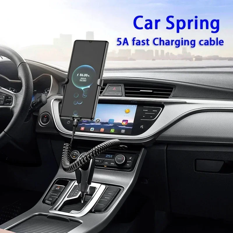 5A 66W Super Fast Charging USB C Cable Retractable Car Charger Cord Spring Type C Phone Charger for Xiaomi Redmi Samsung Huawei