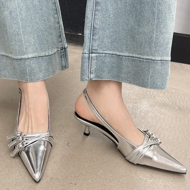 2025 Fashion Pointed Toe Ladies Medium Heels Pumps Shoes Female Shallow Slingbacks Footwear Wine Red Women Heels Shoes Big Size 6