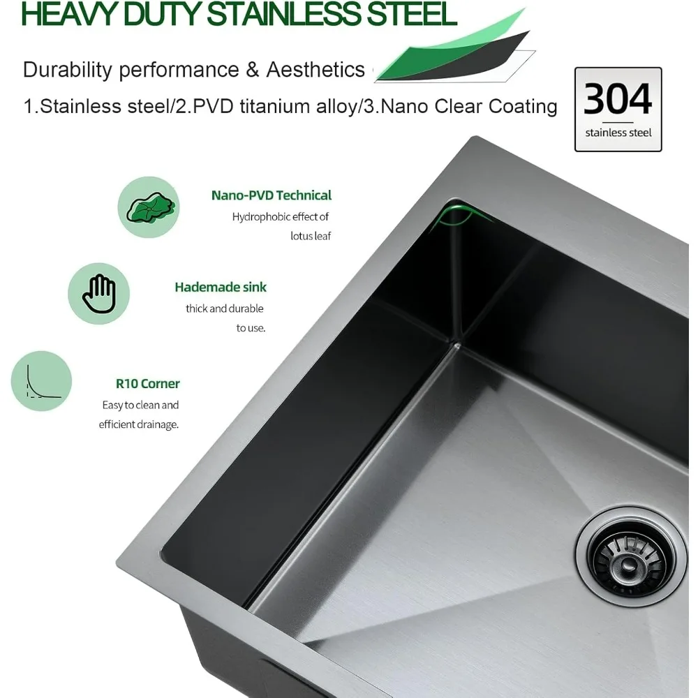 Kitchen Sink, 25x22 Inch, Single Bowl, Top Mount, 16 Gauge T-304 Stainless Steel, Gunmetal Black