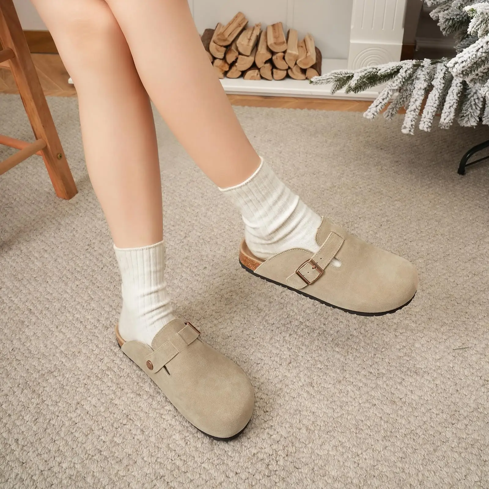 Women's Cork Clogs With Arch Support Adjustable Buckle Slippers_voghion.com