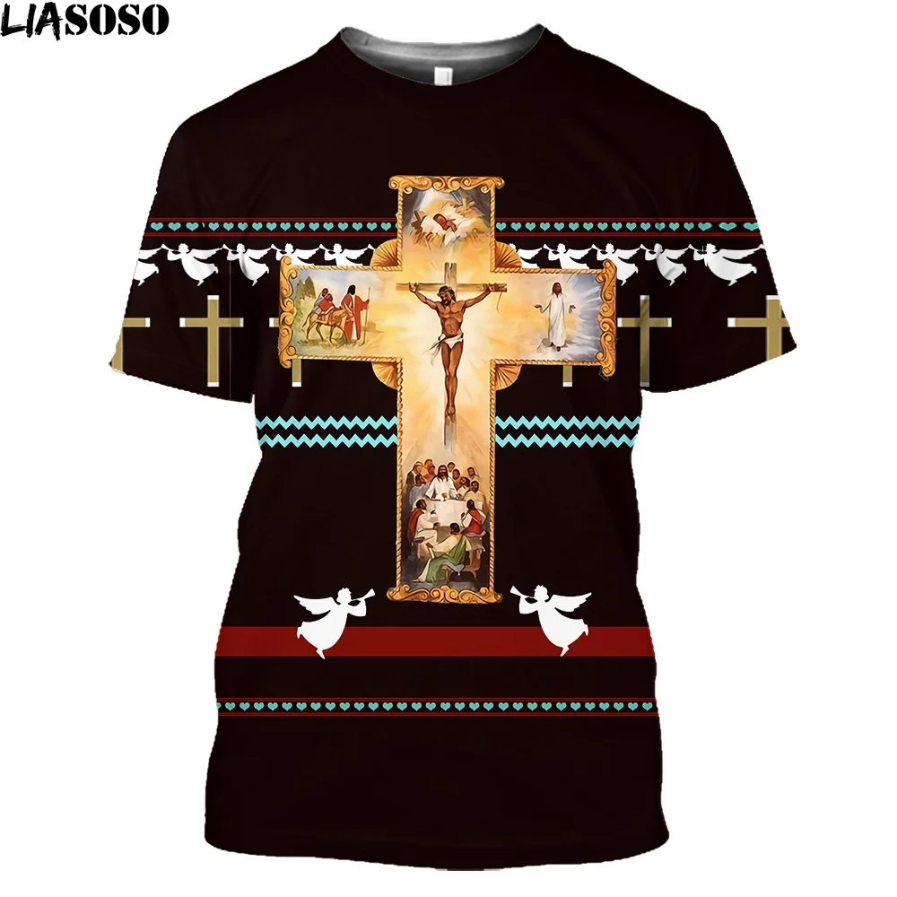 

LIASOSO New Fashion Summer Casual Streetwear Harajuku God Cartoon Men Tee Shirts Religion Christ Jesus 3D Print Men's T-Shirt