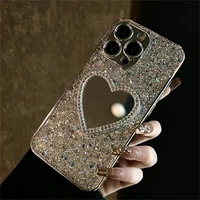Luxury Bling Glitter Plating 3D Love Heart Mirror Sequins Case For iPhone 17 Air 16 14 15 13 12 11 Pro Max Lens Protection Cover 6