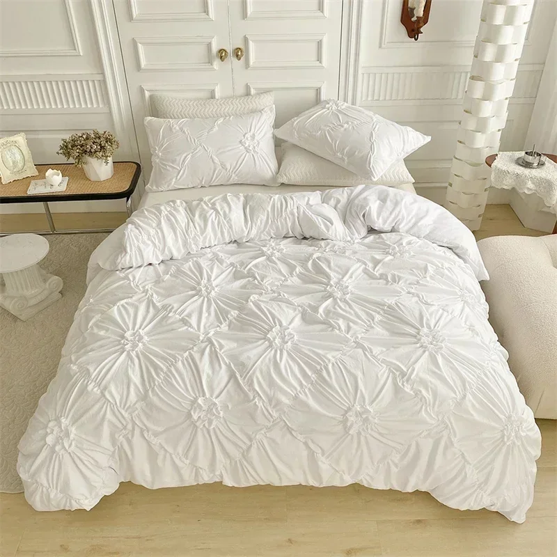 High Quality Three-dimensional Twist Flowers Bedding Set Queen Pinch Pleated Crafts Duvet Cover Set Double Blanket Cover Sets