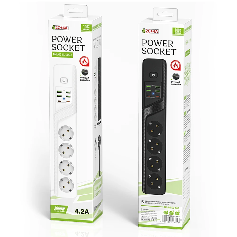 Power Strip Electrical Socket Power Socket Wall Socket Extender Standard Grounded Power Strip 4 EU Plugs Sockets 4 USB 2 Type C Ports Overload Protection With Extension Cable For Home Office