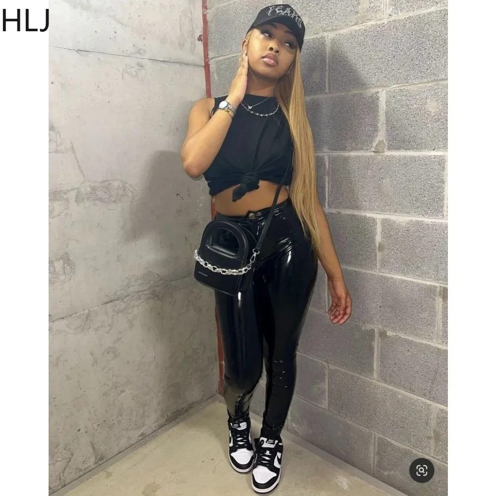 HLJ Black Sexy PU Leather Skinny Pants Women High Waist Elasticity Trousers Fashion Female Solid Nightclub Clothing Bottoms 2023