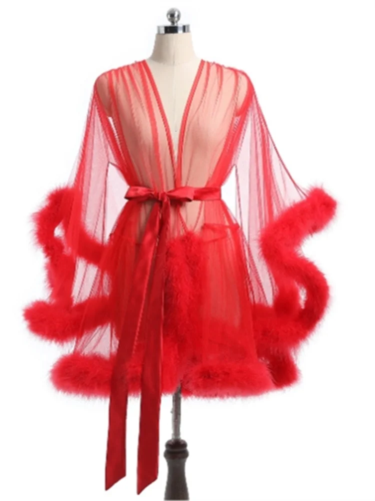 Sexy Feather Robe Seductive Mesh Perspective Sex Fur Bathrobe Passionate Waist Tightening Robe Dressing Gown women sleepwear silk robe sleepwear pajamas