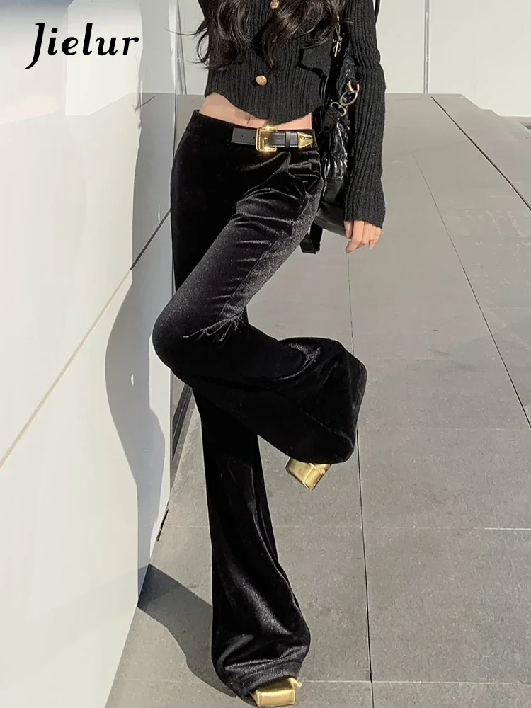 Jielur New Gold Leather Loop Buckle Velvet Black Flare Pants Spring Korean Fashion Versatile Women Casual Simple Women's Pants