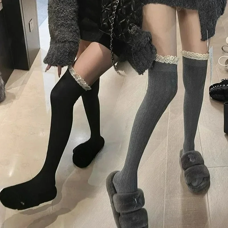 Y2K Lace Thigh High Socks Women Girls Autumn Winter Sweet Lace Knitted Long Socks Japanese Style JK Lolita Black White Stockings