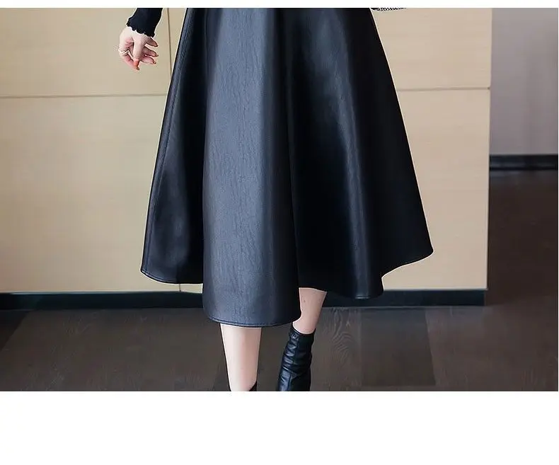 Leather half body mid to long length, 2024 spring slim, big swing A-line high waist umbrella autumn and winter half skirt