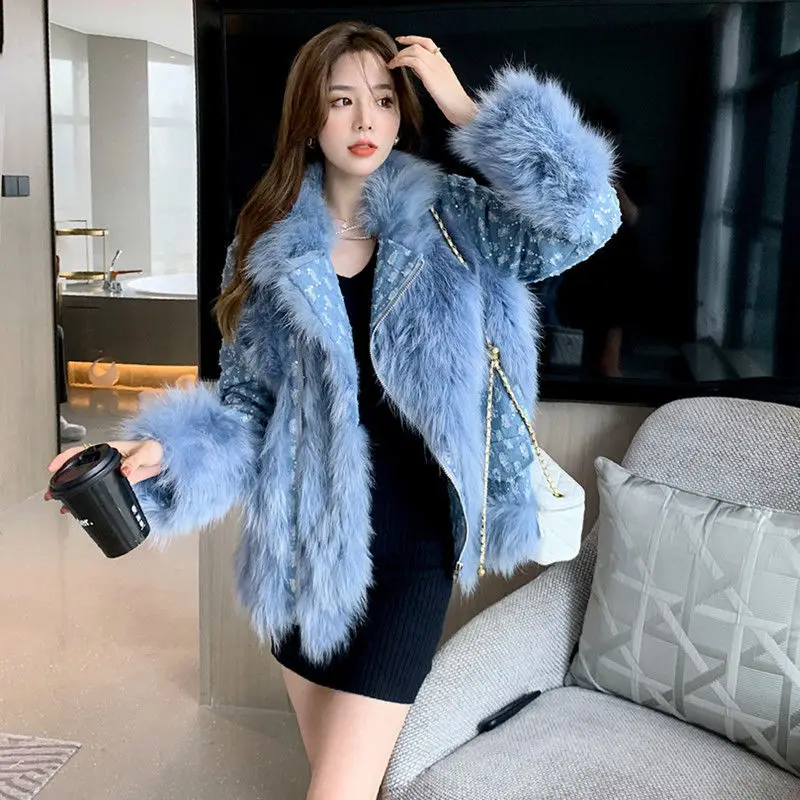 2023 Winter New Women Imitation Fox Fur Coat Fashion Slimming Denim Stitching Outcoat Female Temperament All-Match Casual Parkas