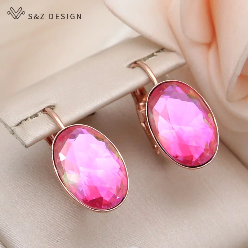 S&Z DESIGN New Fashion Oval Egg Shape Imitation Tourmaline Dangle Earrings For Women Wedding 585 Rose Gold Color Eardrop Jewelry