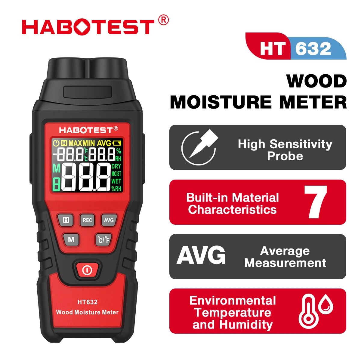 HABOTEST HT632 Digital Wood Moisture Meter Wall Water Tester Humidity Meter Two Pins Hygrometer Concrete Cement Brick Detector wood moisture meter