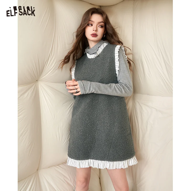 ELFSACK Spliced Wool-like Knitted Dresses For Women 2023 Winter Sleeveless Elegant Dress