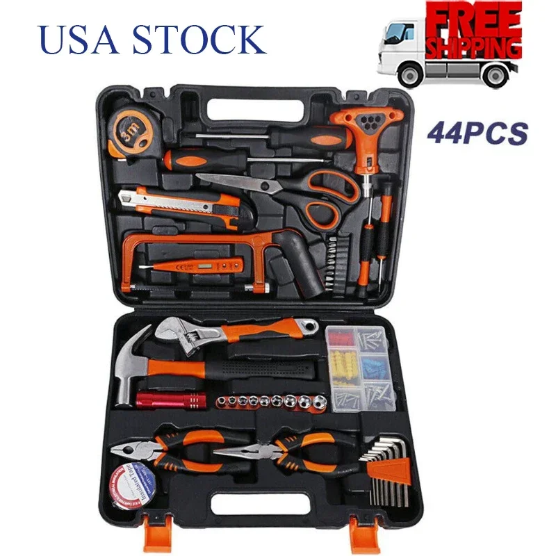 44Pcs Hand Tool Set Mechanics Kit Wrench Socket Household Pliers Hack Saw Knife Screwdriver Tape Bit for DIY Repair Hardware Box